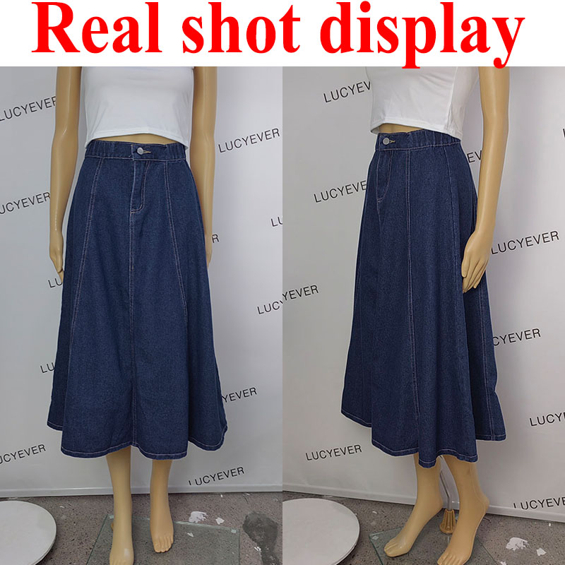 Lucyever koreansk stil højtaljede lange nederdele til kvinder sommer tynd a-linje denim nederdel kvinder all-match midi nederdele
