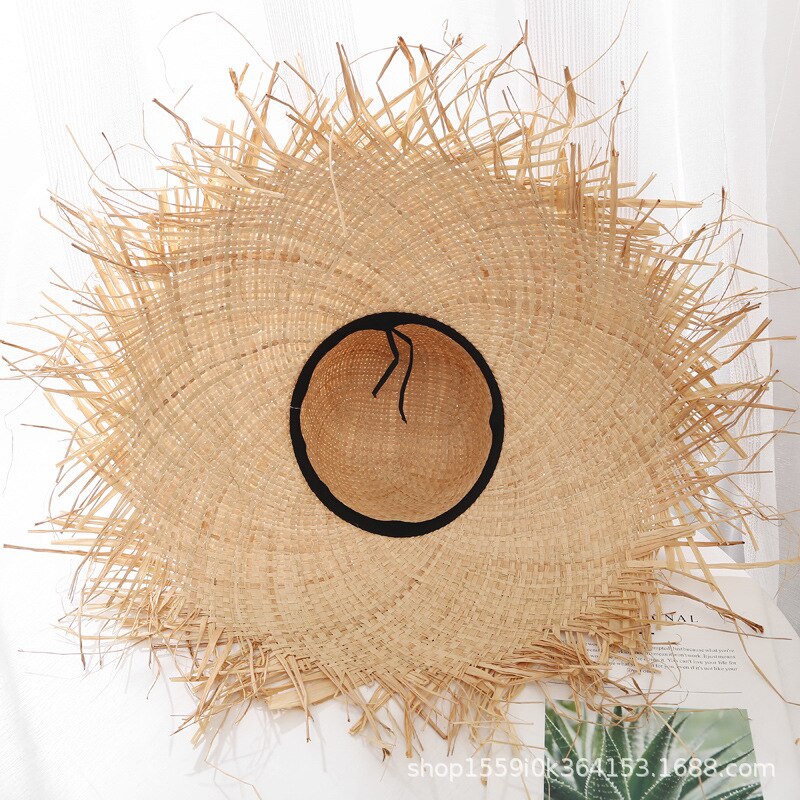 Zomer Natuurlijke Grote Brede Rand Zonnehoed Voor Vrouwen Raffia Jazz Floppy Hoed Strooien Hoeden Cirkel Fringe Hollow Out Beach panama Hoed