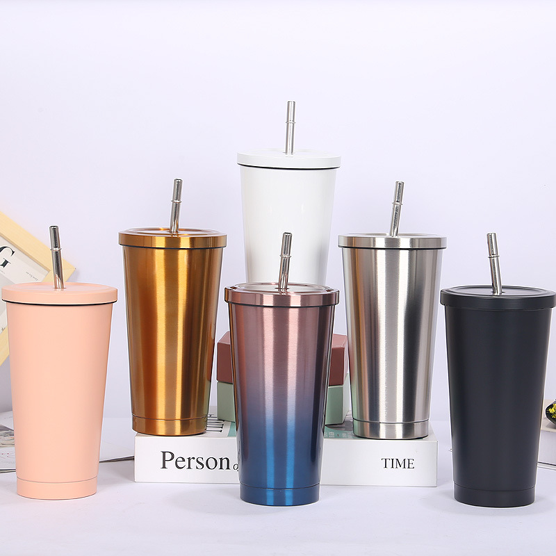 Vacuum Insulated Mug Stainless Steel Thermos Cup Car Coffee Milk Tea Drinking Cup With Straw
