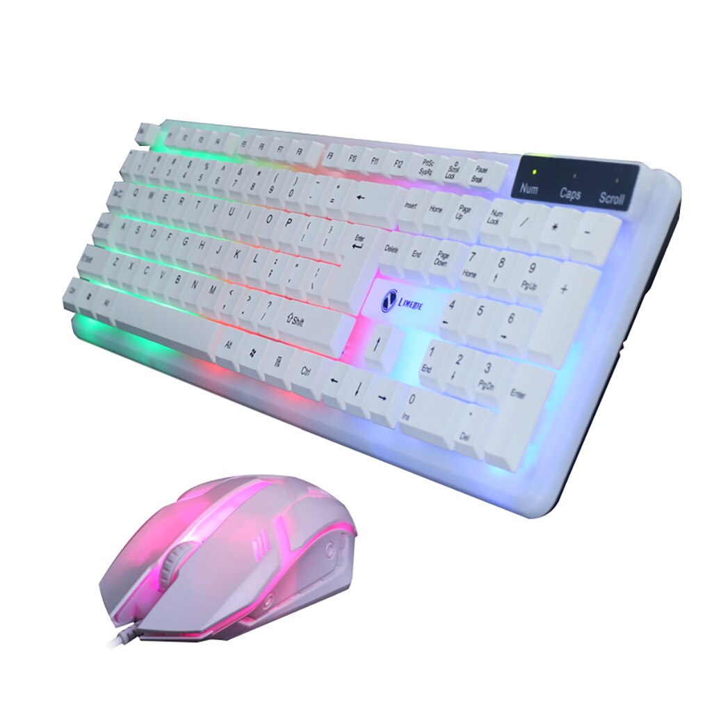 T11 Wired Gaming Keyboard Mouse Combos Colorful LED Illuminated Backlit USB PC Rainbow 104Keys Gaming Keyboard Mouse Set L0311: White
