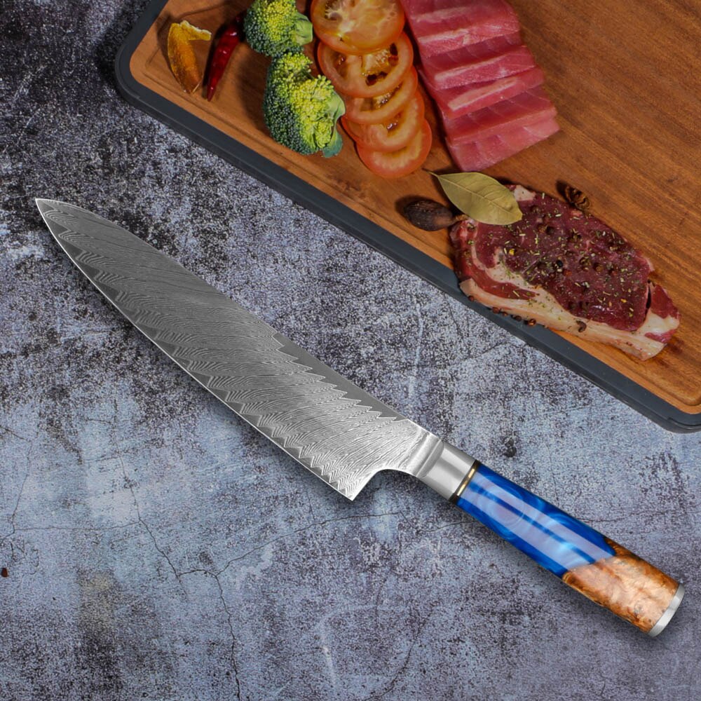 MOKYING Forged Kitchen Knife Set Damascus Steel Chef Knife Chopping Kitchen Knife Peeling Bread Knife Blue Resin Handle: C