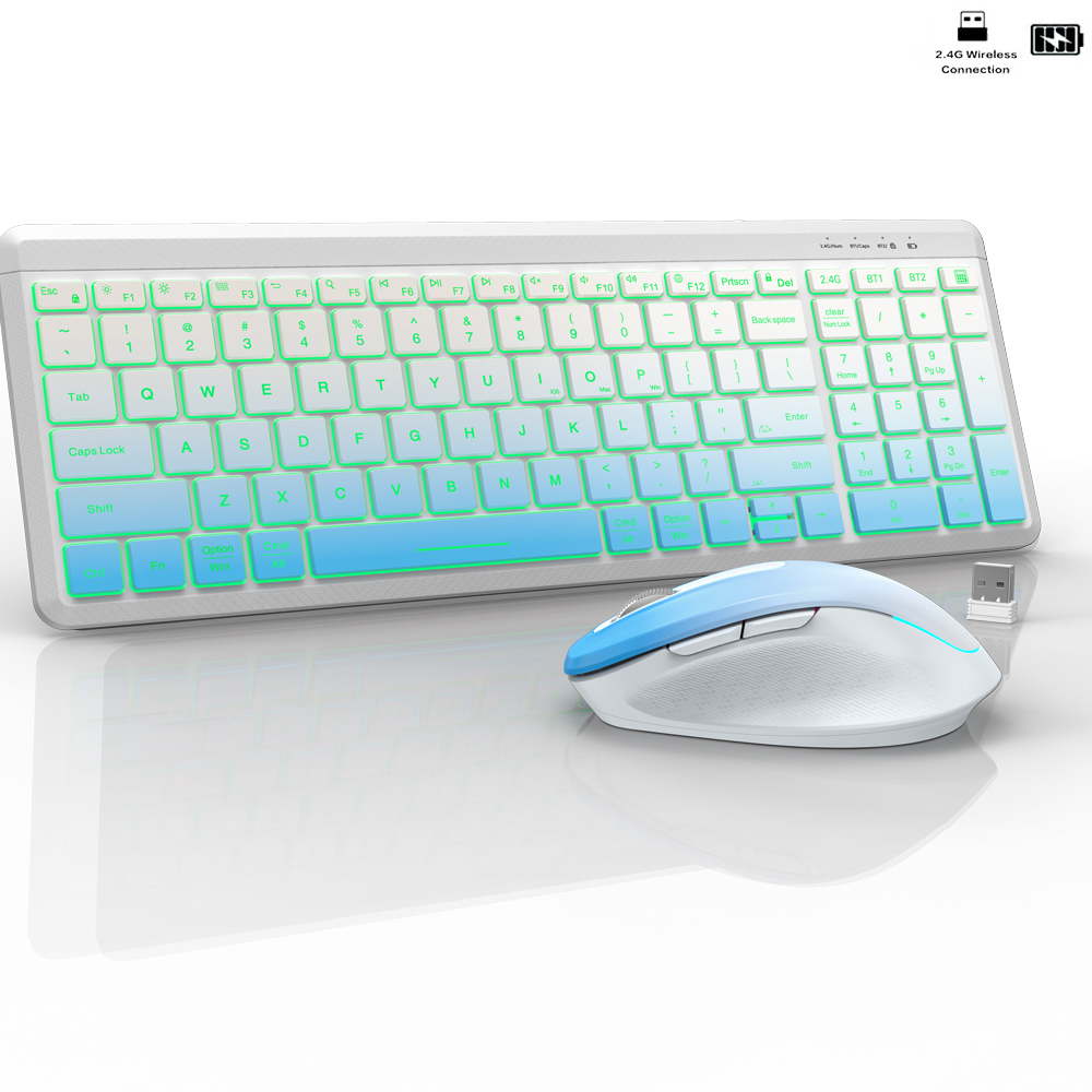 RGB Backlit Silent Wireless Keyboard and Mouse Combo 2.4G Dual Mode Rechargeable Wireless Keyboard Mouse set for Desktop/Laptop: WHITE