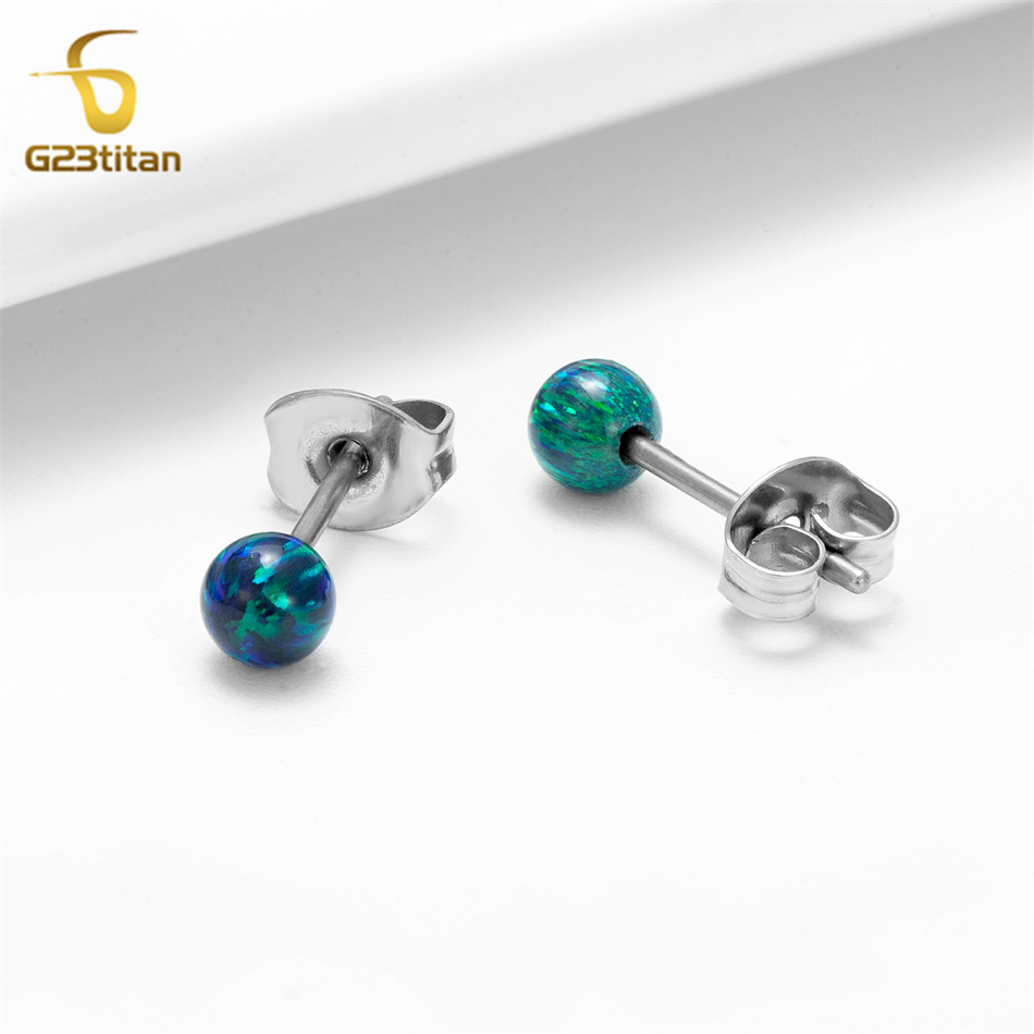 1 par de pendientes de ópalo de fuego, joyería hipoalergénica de titanio para Piercing en la oreja, pendientes simples de piedra de bola pequeña, accesorios para hombres y mujeres