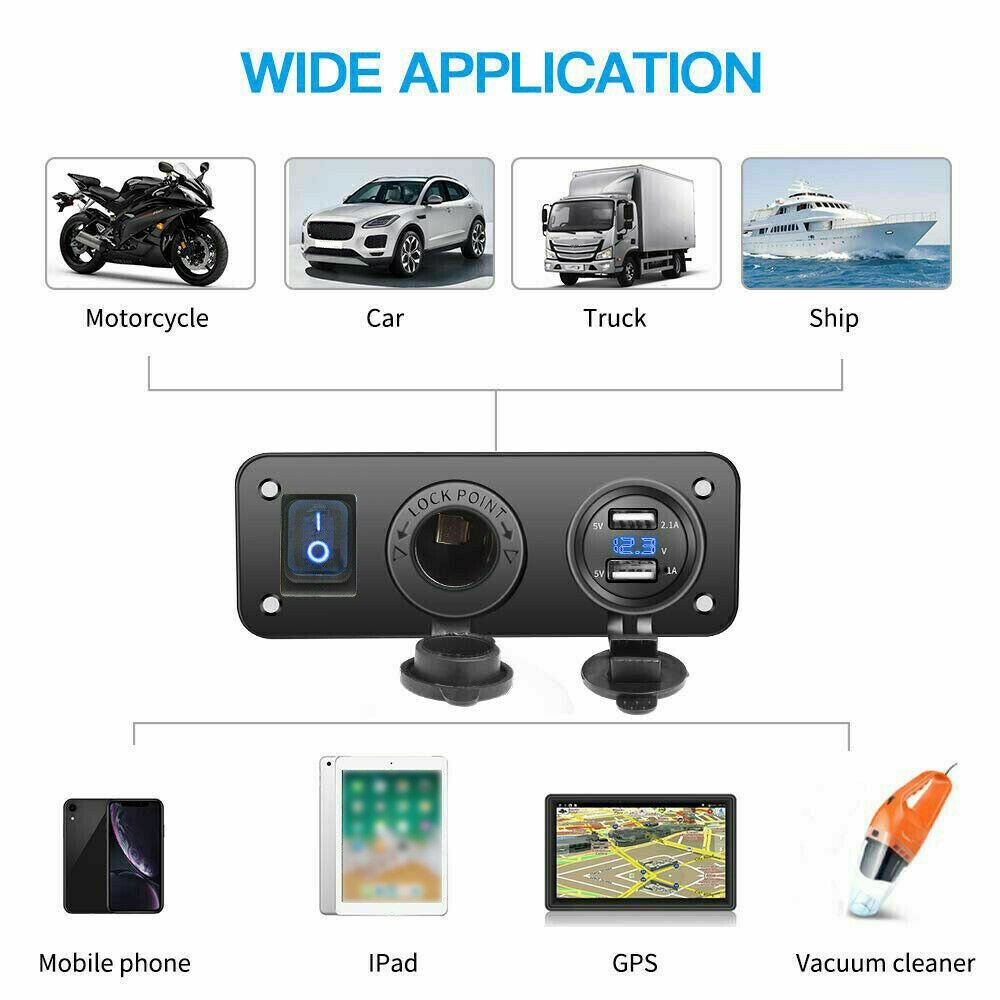 Boat Marine charger Dual USB Black Voltmeter Waterproof Flame retardant