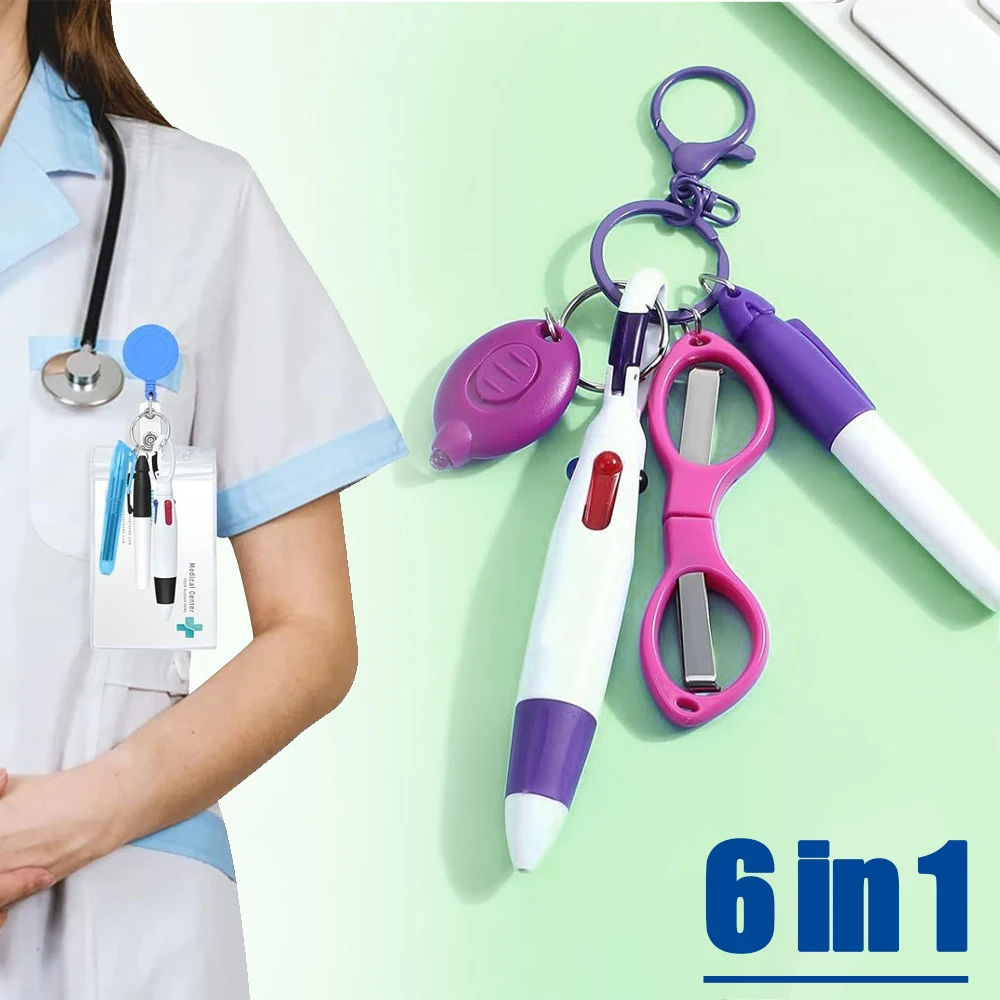 6in1 Multifunktions Versenkbare Kugelschreiber einstellen Taschenlampe Faltbare Schere Kugelschreiber Schlüsselbund Krankenschwester Stifte dauerhaft Marker