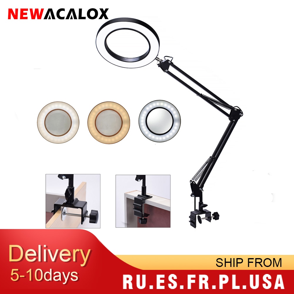 NEWACALOX Flexible Desk Large 5X USB LED Magnifying Glass 3 Colors Illuminated Magnifier Lamp Loupe Reading/Rework/Soldering