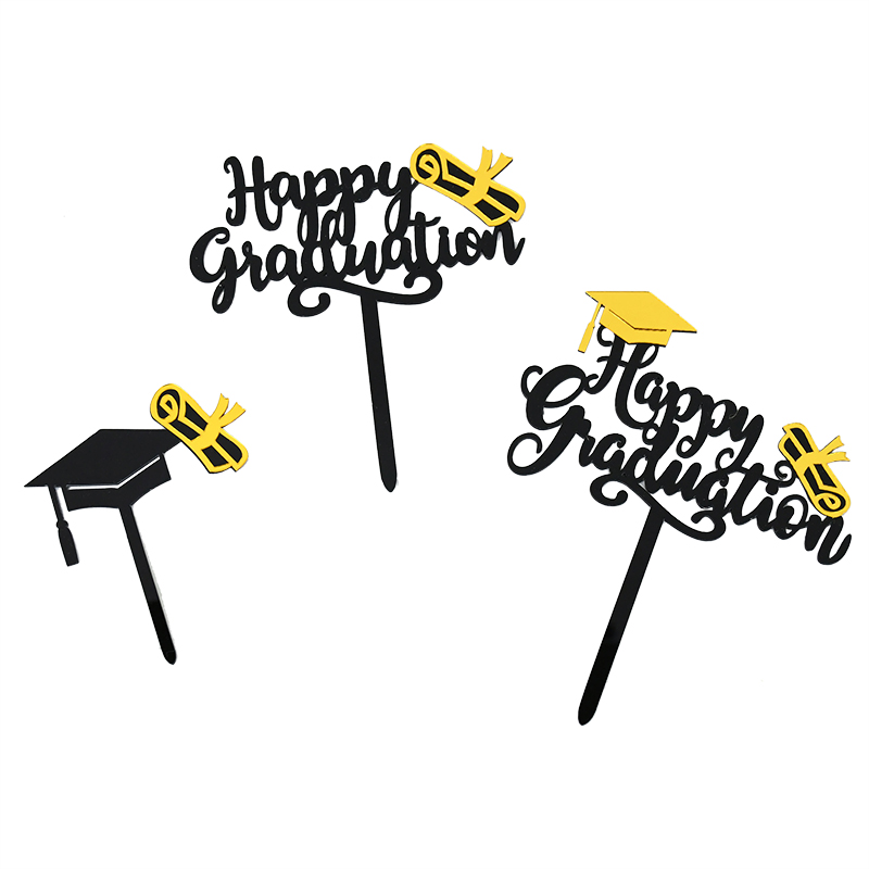 Gold Happy Graduation Cake Topper Bachelor Cap Acrylic Cupcake Topper for DIY Baking Kitchen Supply Happy Graduation Party Decor