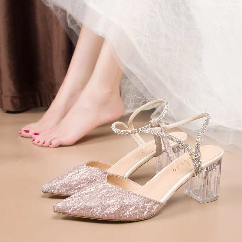Comemore Pailletten Shiny Leder Dame Sandalen Slingback Spitz Frauen Elgant Schuhe Rhineston Strap High Heel Party High Heels