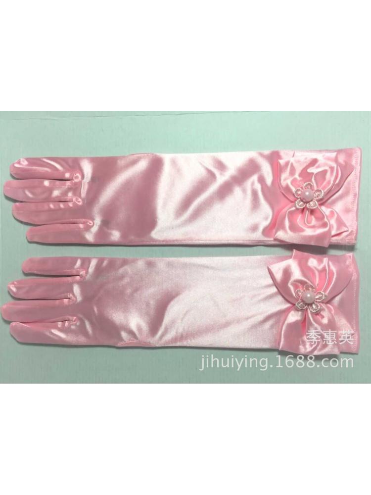 5 pares de guantes largos para niña, vestido con lazo de flores, blanco, rosa, de Navidad, de cumpleaños, negro y rojo: Rosa