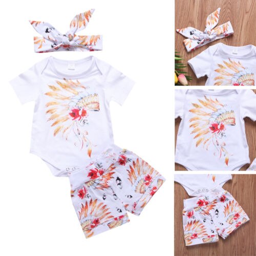 3pcs Newborn Baby Boy Girls Clothes Gypsy Feathers Print Romper+Shorts Pants Headband Baby Outfits Set
