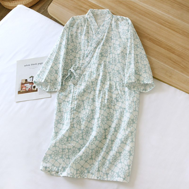 Vår och sommar flerfärgade tryckta kimono-rockar kvinnors tunna snörningskofta badrock bomull hemkläder kvinnor pyjamas: L / Himmelsblå