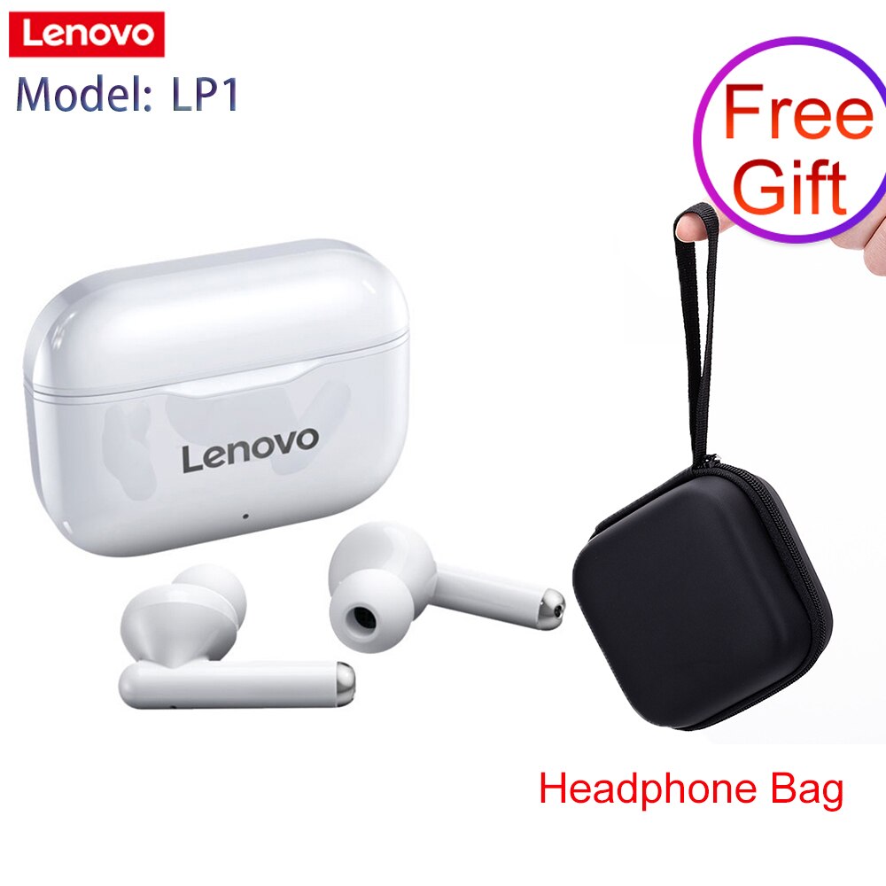 Lenovo LP1 TWS Wireless Earbuds BT5.0 True Wireless Headphones Dual Stereo Noise Reduction Bass Sport Headset with Mic 300mAh: Pure White with Bag