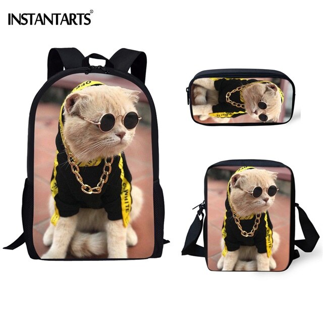 Instantarts kat humor 3d tryk børn skoletasker drenge piger studerende rygsæk lynlås stor taske crossbody taske blyant taske sæt: Hmc 381 cek