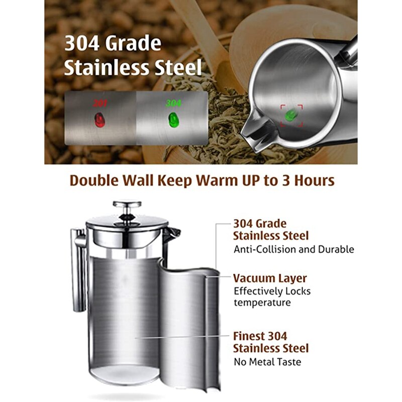 Cafetera francesa de acero inoxidable con 8 tazas, máquina de café expreso de doble pared, con aislamiento, para té o cafetera, 1000ML