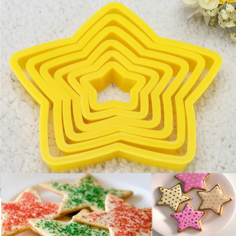 6 stks/set Sterren Vorm Plastic Plunger Cutter Cookie Cutters Fondant Taart Decoreren Gereedschappen Kerst Bakvorm