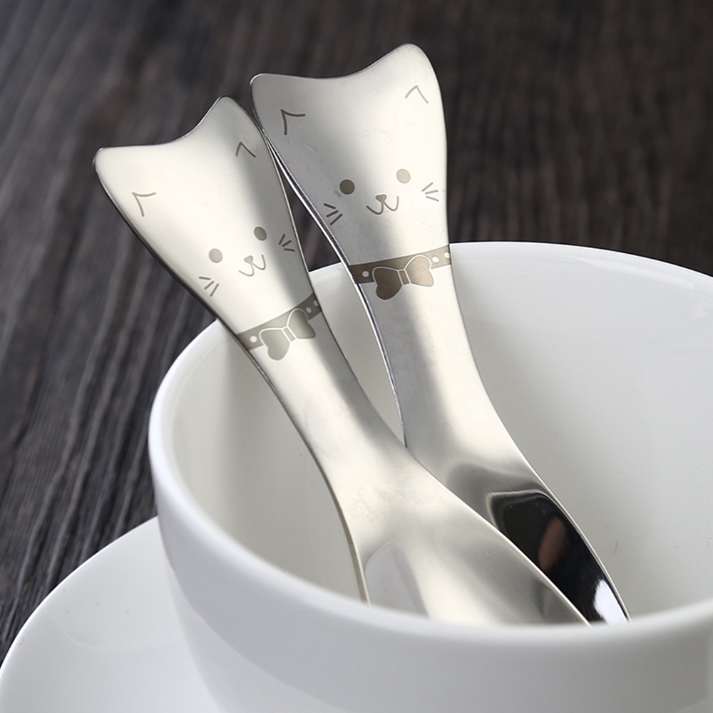 Leuke Mini 304 Roestvrij Staal Cartoon Kat Vorm Ijs Salade Koffie Lepel Vork Kinderen Kids Bestek Set Servies Servies