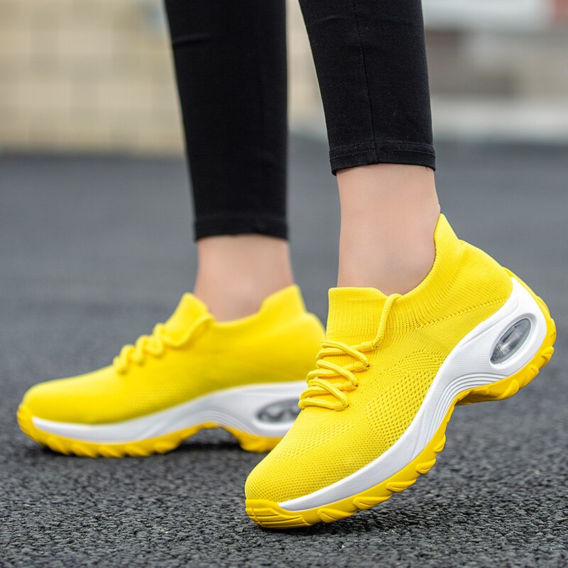 Spring Autumn Women Cushion Sneakers Shoes Sports Running Platform Sneakers for Women Yellow breathable Mesh Socks Boots 42