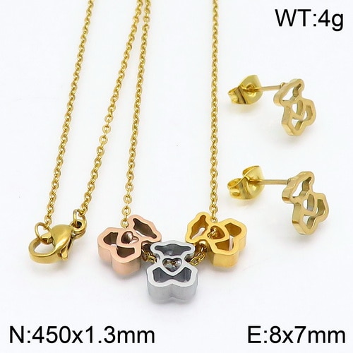 Hiszpańnarty niedźwiedź naszyjnik ze stali nierdzewnej kolczyki zestaw złoty różkażdy złoty mieszany brzoskwiniowy serce z kwiatkiem wytłaczany wzór