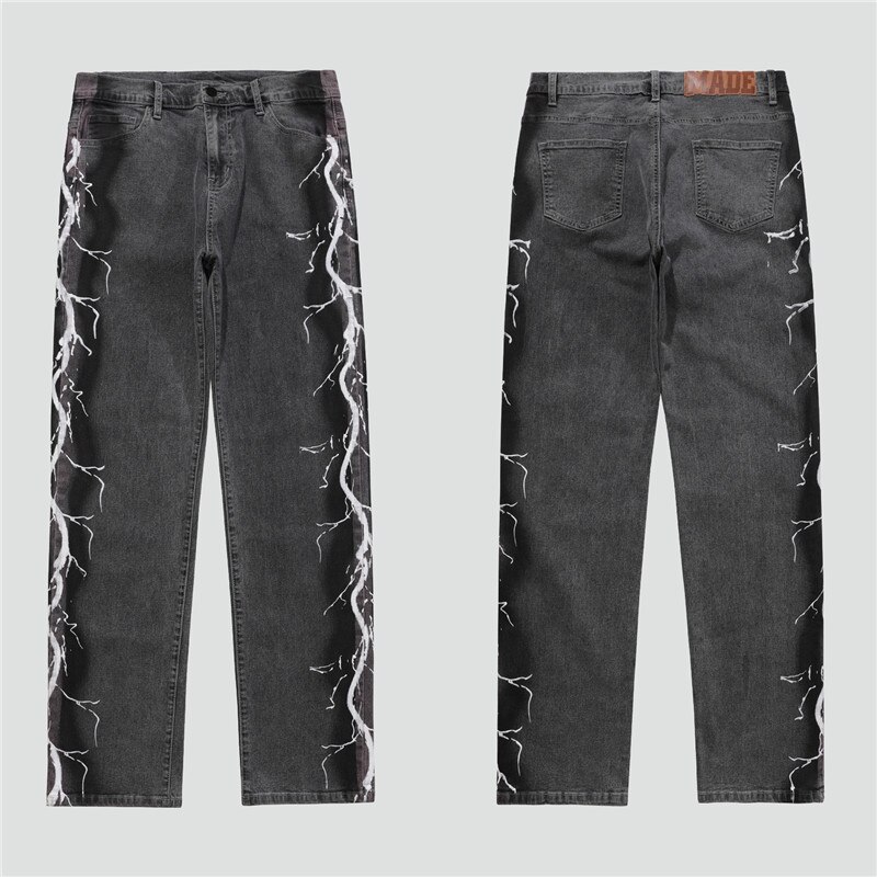 Pantalones de ropa informal estilo Hip Hop estampado de rayos vaqueros Harajuku Vintage Denim lavado pantalones Goth Punk pantalones holgado Casual pantalón: Gray / L