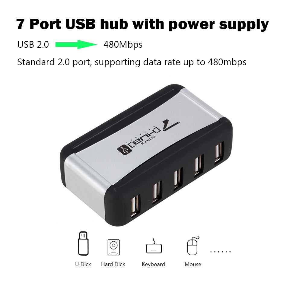 Verticale usb-hub met meerdere 7- poorts usb 2.0- splitters en stroomadapter, 480 mbps usb 2.0- hub voor pc, computeraccessoires, eu/us-stekker