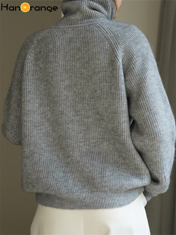 HanOrange 2024 Dolcevita invernale con spalle scoperte Cardigan lavorato a maglia da donna Doppia cerniera maglione allentato femminile bianco/grigio/caffè scuro
