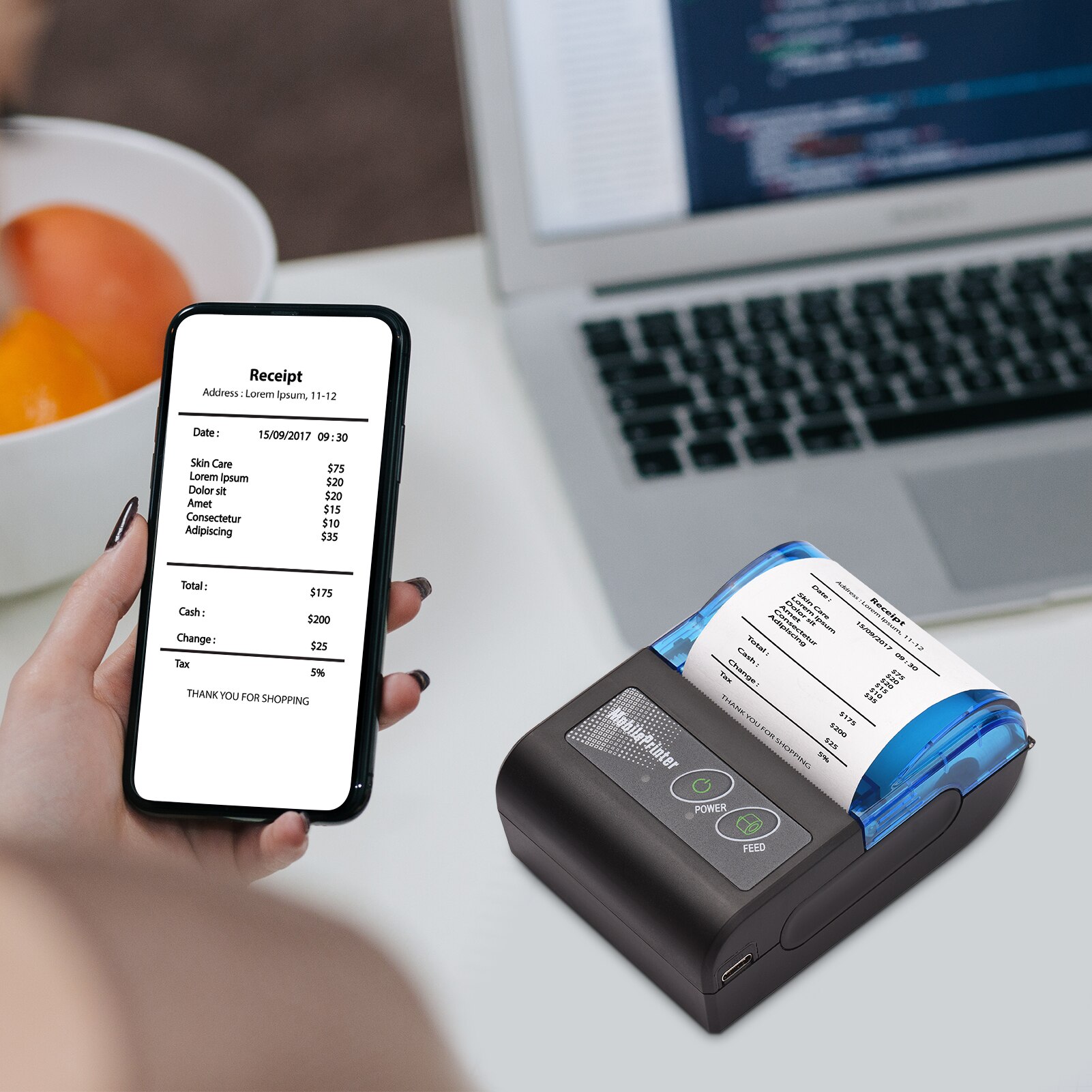 Portable Mini Thermal Printer 2 inch Wireless USB Receipt Bill Ticket Printer Add 58mm Paper Compatible with iOS Android Windows