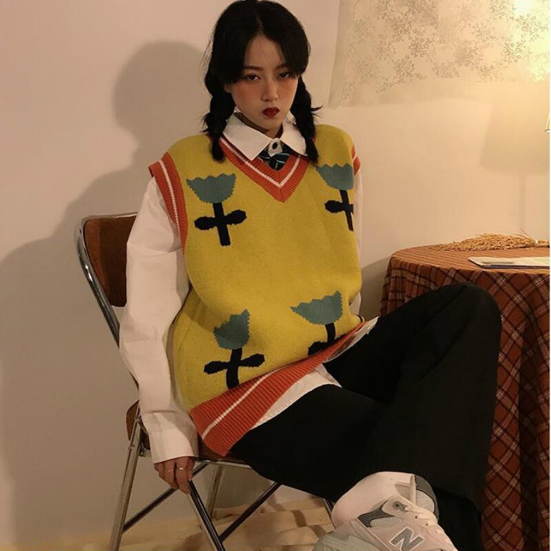 Trui vest dames cartoon-bloemen v-hals plus size 2xl koreaanse losse casual dames tops herfst-winter studenten mooie ulzzang vriendje