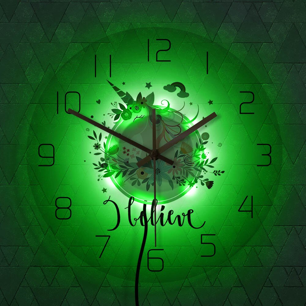 Unicorn With Flower Transparent 3D Wall Clock Modern LED Glow Wall Clocks Wall Watches Dial Vision Decorative Wall Clock: 7 color LED
