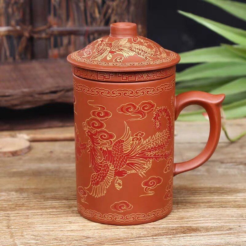 Håndlavet yixing håndmalet dragon skønhed lilla ler te krus med låg og infuser kontor tekop keramik vand krus drinkware: C
