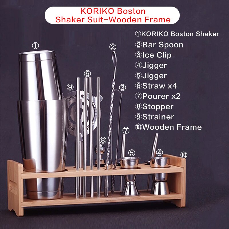 Bar Soul Cocktail Shaker Set Stainless Steel Bar Tools Bartender Tools Shaker Jigger Spoon Muddler Bartender Set: KORIKO wooden