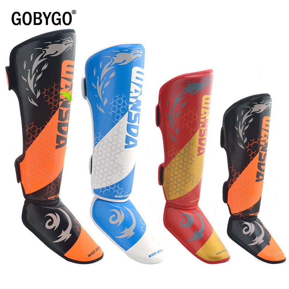 GOBYGO Ein Paar High PU Leder Boxen Shin Guards Knöchel Schutz MMA Muay Thai Training Bein Wärmer Treten shin Schutz