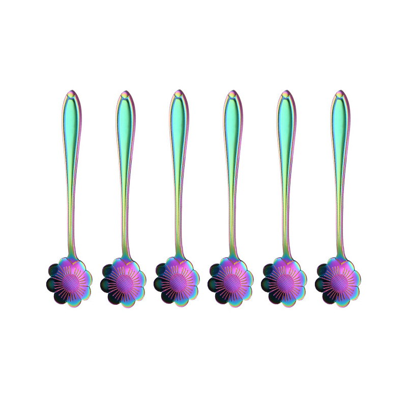 8/6Pcs Coffee Spoon 304 Stainless Steel Rainbow Stirring Milk Teaspoon Dessert Ice Cream Spoon Tableware Flowers: Cosmos 6 Pcs