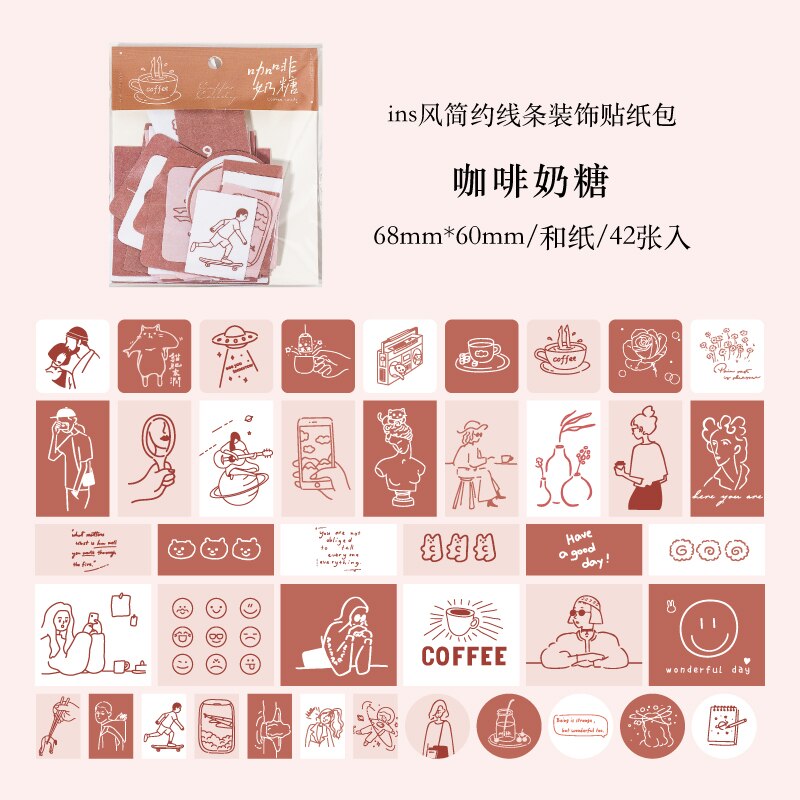 Yoofun 42pcs Kawaii Aesthetic Arts Sticker Unrepeated Patterns Cute Decor Paper for Collage Junk Journals DIY Stationery