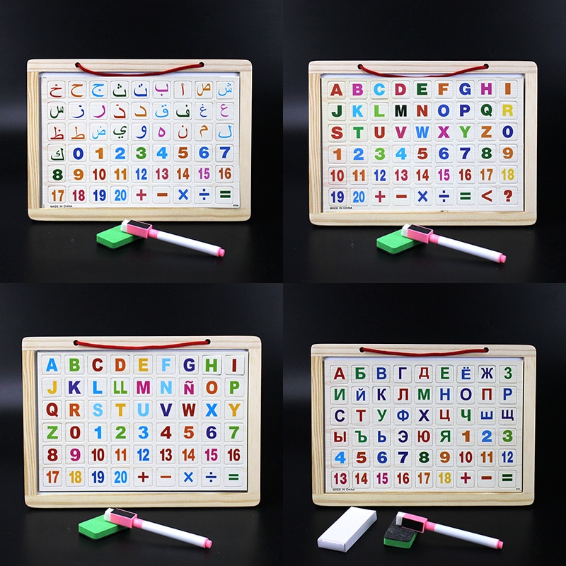 Russisk/arabisk/spansk/engelsk børns sortbræt og magnetisk hvidt bord dobbeltsidet tal/alfabet spil til barn 3 år