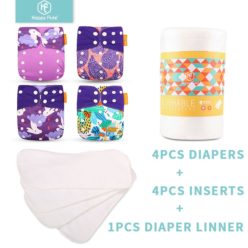 Happyflûte-couche lavable réutilisable, 4 Inserts + 1 couche jetable, taille ajustable, convient aux bébés de 3 à 15KG