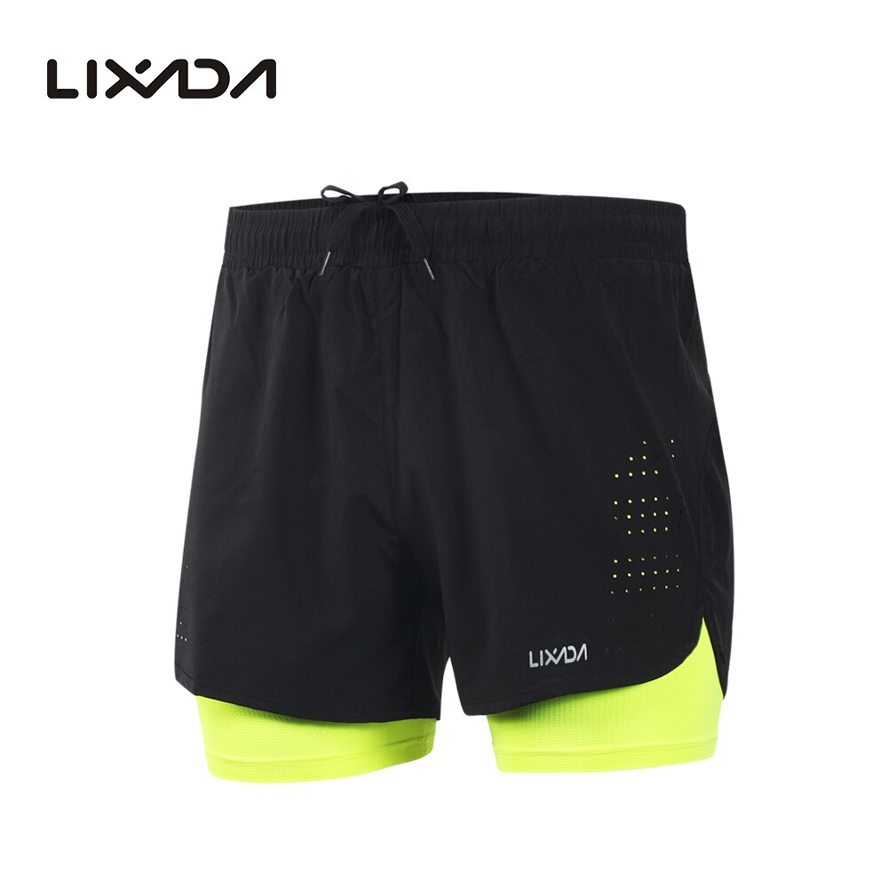 Lixada Mannen 2-In-1 Running Shorts Sneldrogende Ademend Actieve Training Oefening Joggen Fietsen Shorts Met langer Liner: green / L
