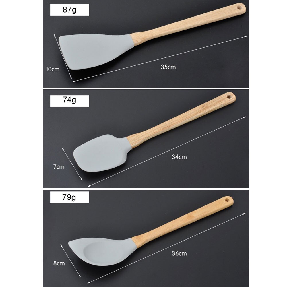 6 stk / sæt redskaber lysegrå madkvalitets silikone træhåndtag køkken madlavningsredskaber køkkengrej spatel turner slev køkkenudstyr