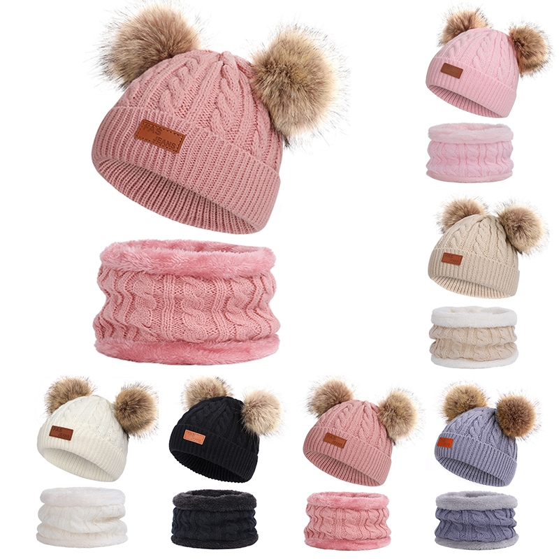 Los niños de invierno cálido sombrero Collar pompón guisantes sombrero de niño/Niña de punto sombrero de la bufanda de esquí cálido 2 conjunto de piezas gorro de cabeza