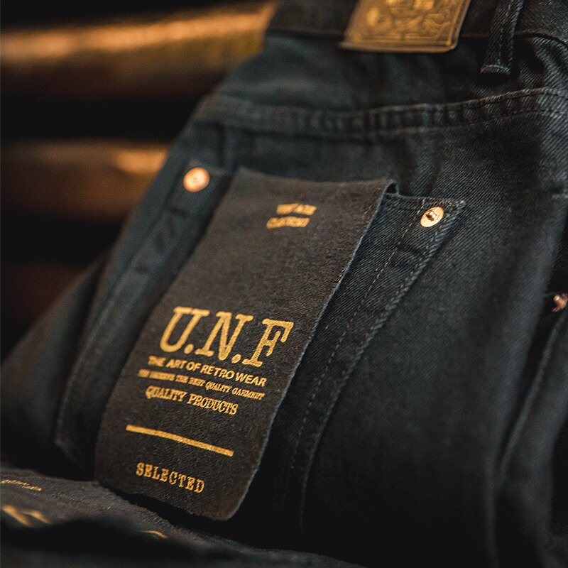 Maden-pantalones vaqueros holgados para hombre, Jeans de cintura media, negro puro americano, lavado con agua, bolsillo recto, estilo clásico, tanino