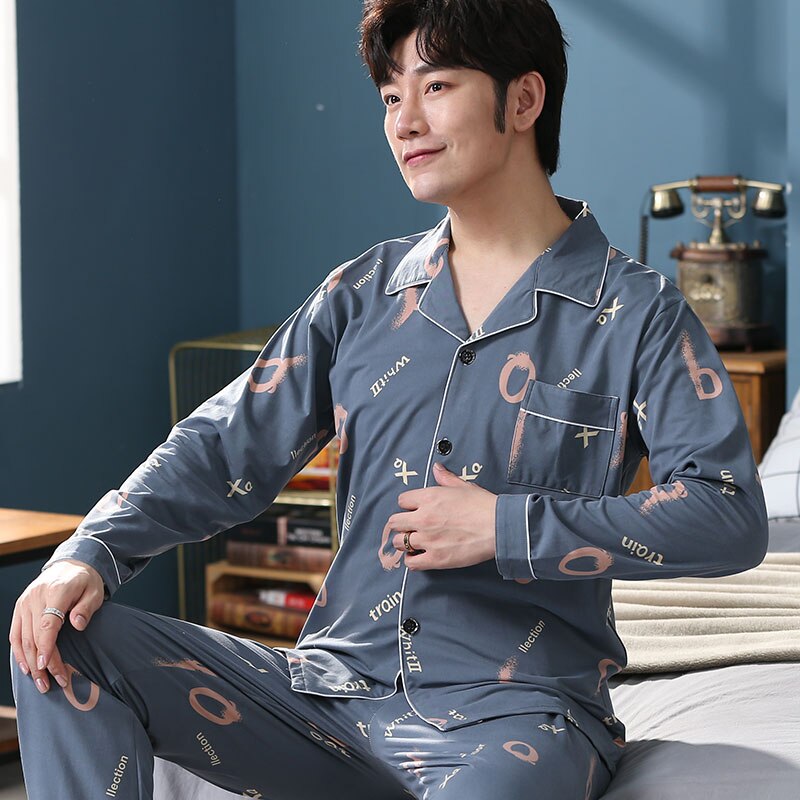pyjama en coton imprimé 2 pièces costume simple hommes pyjamas revers décontracté doux pyjamas service à domicile printemps et automne