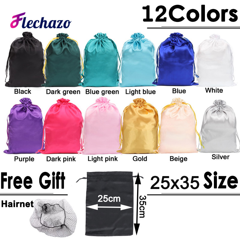 Sac de perruque en Satin, 12 pièces, sacs de rangement 25x35Cm, grand sac de perruque en soie douce noir rose pour outils d'emballage de perruque, accessoires de perruque