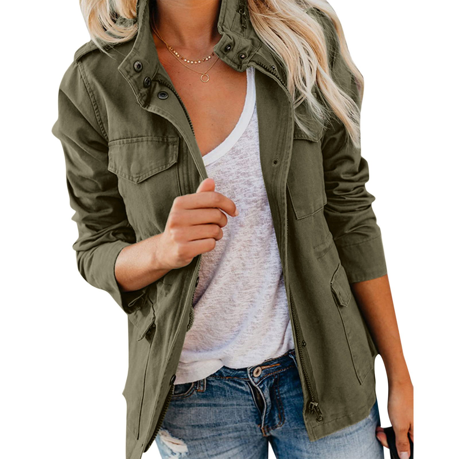 Autumn Women Waist Tunic Coats Retro Green Multi-Pocketed Jacket Turn-Down Collar Button Solid Color Outwear Coats