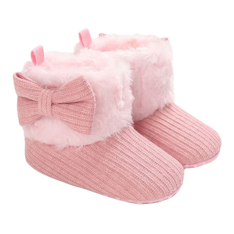 Automne hiver bébé filles garçons bottes chaudes belle solide nœud capuche mi-mollet hauteur plat avec talon bébé chaussures 5 couleurs: Rose / 0-6 mois