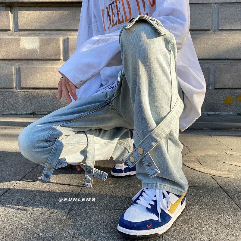 HOUZHOU – Jean gothique pour homme, pantalon en Denim, style Punk, noir, Hip Hop, Streetwear, avec rubans japonais