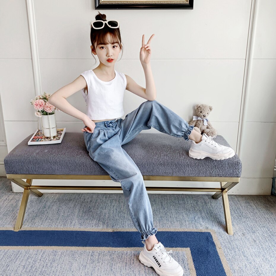 Girls Jeans Bow Kids Jeans Girls Casual Style Children Jeans Spring Autumn Children's Clothes 6 8 10 12 14