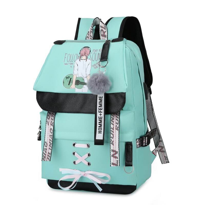 Tela di Grandi Dimensioni Capacità Usb Borse Da Scuola per Le ragazze Adolescenti Donne Zaino Bookbags Verde Medio Alta Università Adolescenti Zaino della Ragazza: verde music