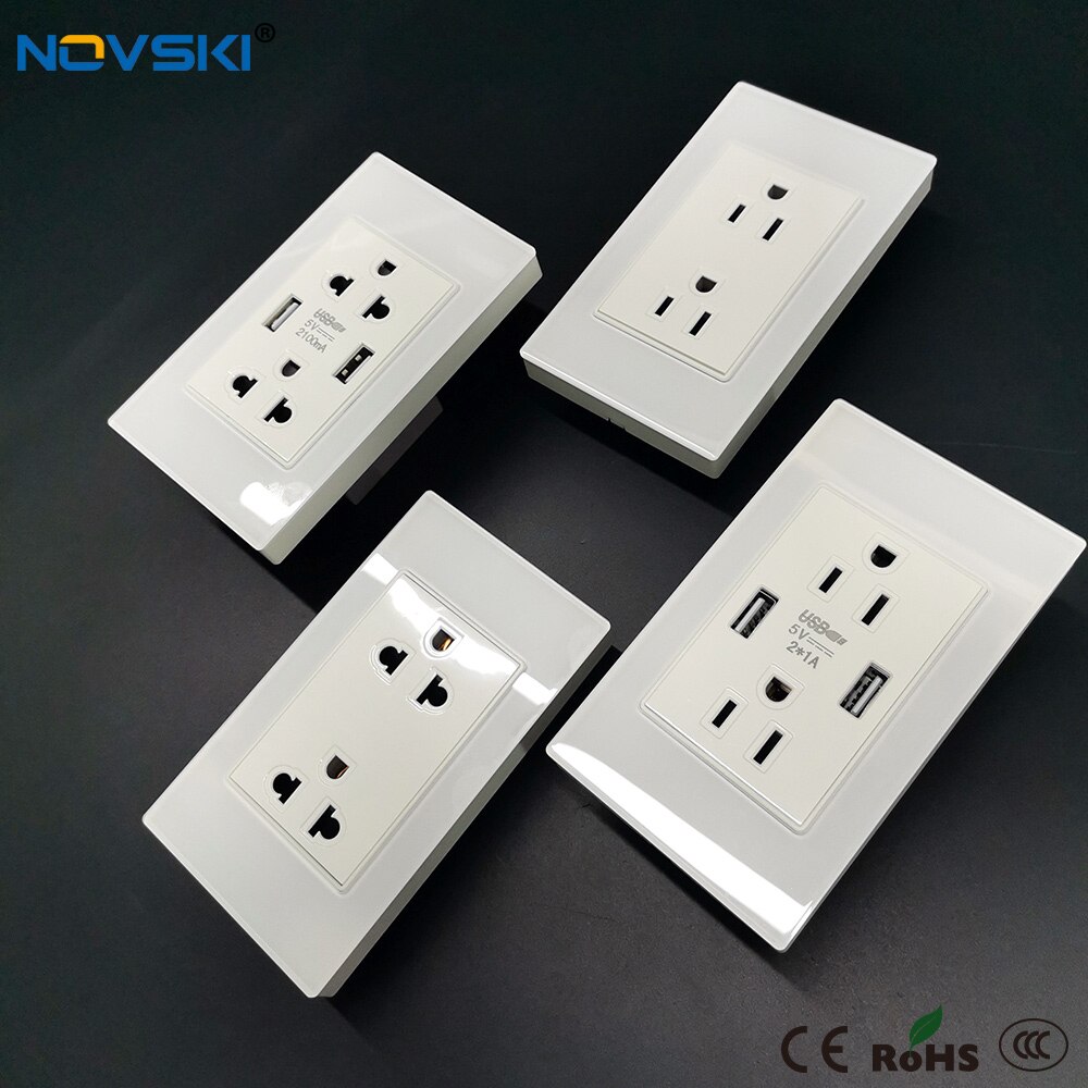 Luxury 2.5D Crystal Glass Panel Wall Socket Multi Function,15 Amp US Universal Standard Duplex Receptacle, 110v-250v Adaptable