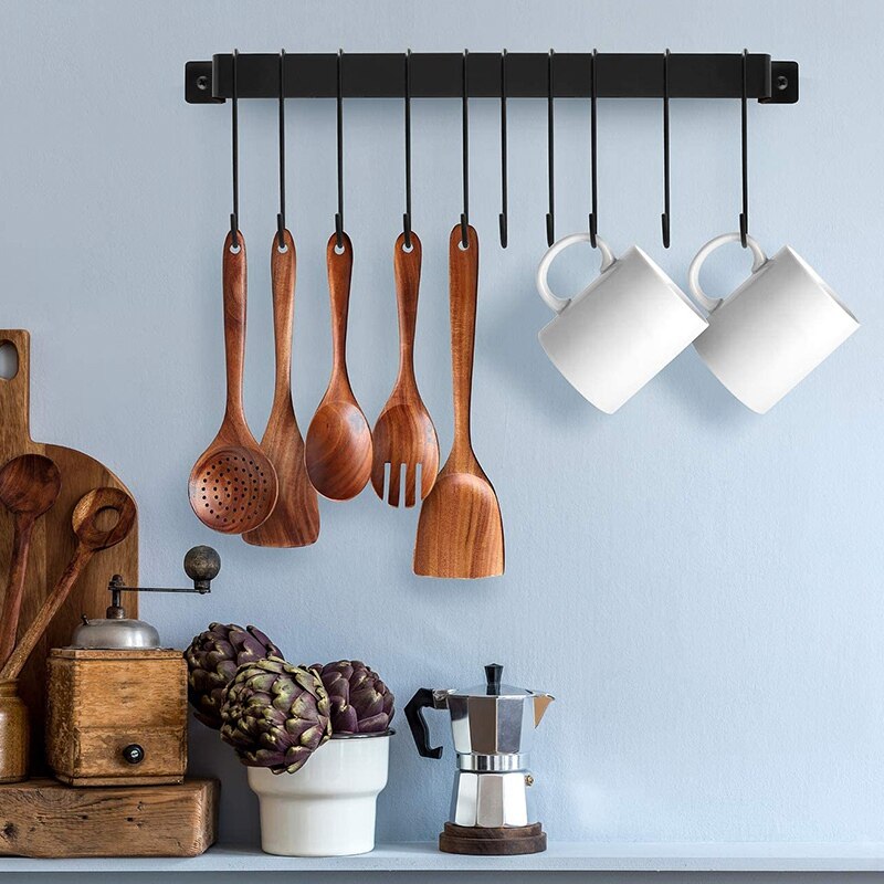 Kitchen Pot and Pan Hanger Rail Bar Rack Wall Mounted 17 Inch with 10 Hooks, Utensil & Cookware Hangers, Industrial