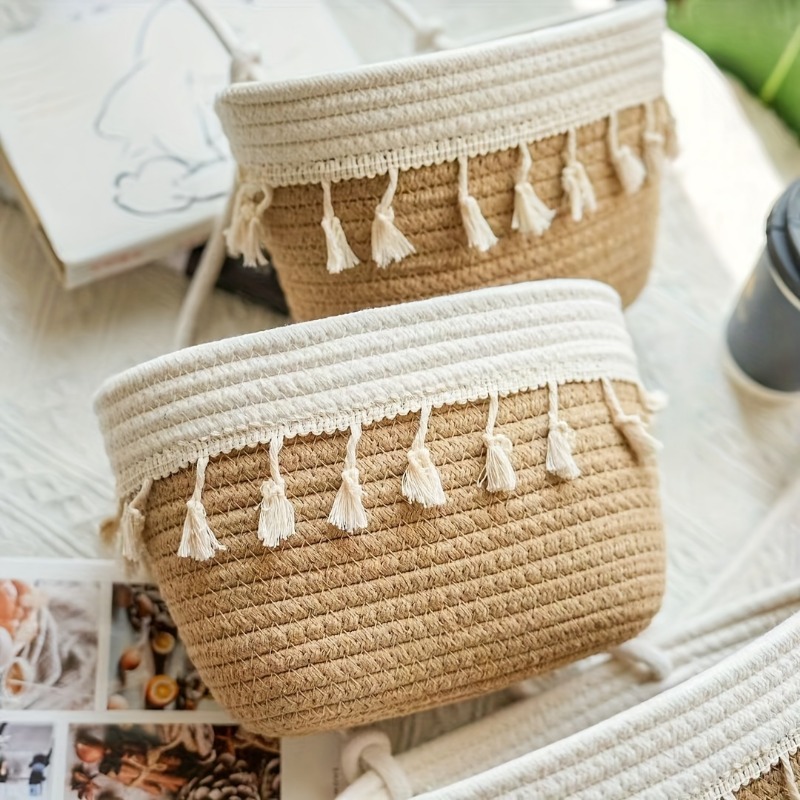 1pcs Handwoven 3-Tier Double Tassel Hanging Basket Wall-Mounted Storage Organizer Woven Basket for Bathroom Kitchen Bedroom