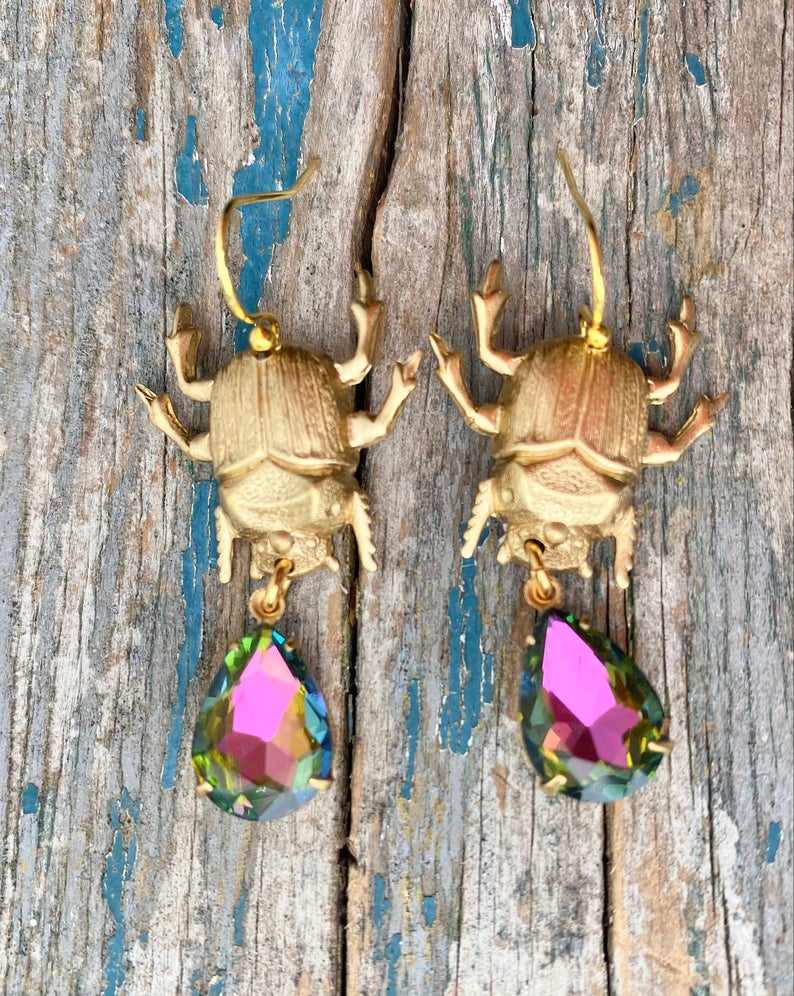 Beetle Earrings Jeweled Bug Jewelry Scarab Entomologist Insect Crystal Earrings